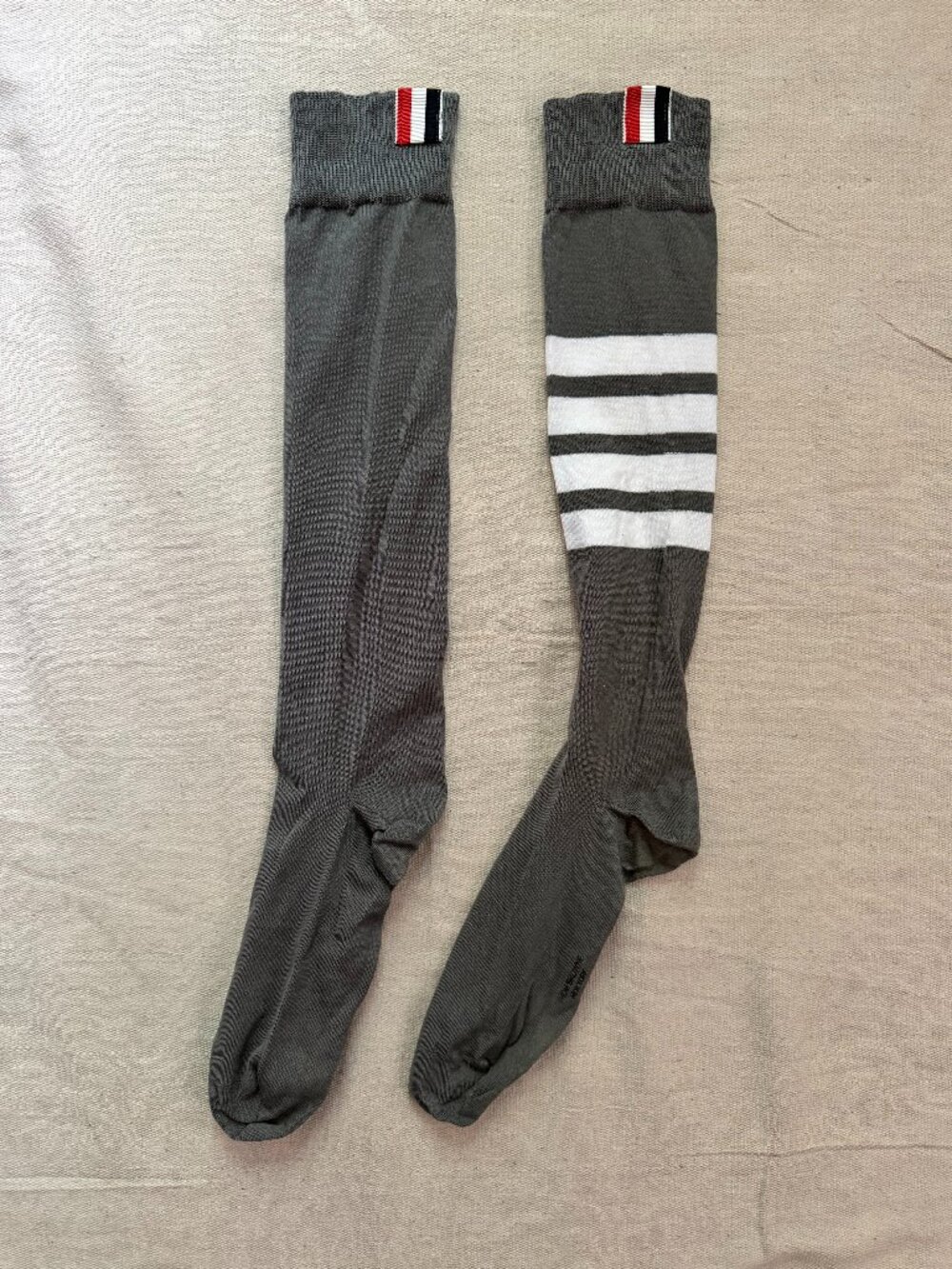 Thom Browne Gray Dress Socks with Four White Stripes and Tricolor Tab